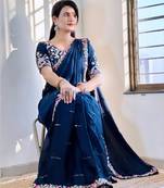 Blue Color New Trending Designer Heavy Embrodery Work With Fully Stich Blouse Saree