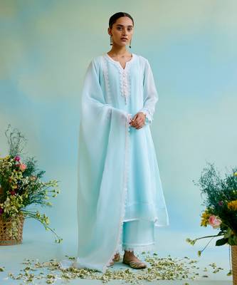 Blue Pant Muslin Embellished Lace Notched Kurta And Wide Legged Set 1