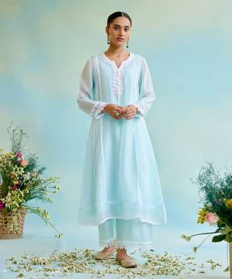 Blue Pant Muslin Embellished Lace Notched Kurta And Wide Legged Set 2