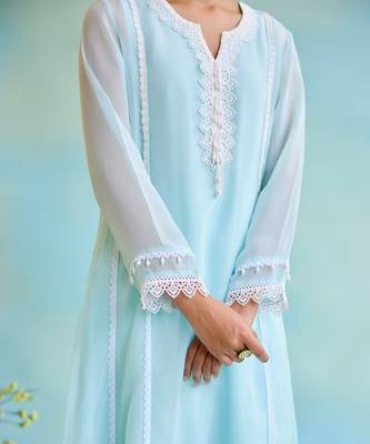 Blue Pant Muslin Embellished Lace Notched Kurta And Wide Legged Set 3