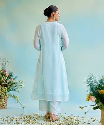 Blue Pant Muslin Embellished Lace Notched Kurta And Wide Legged Set 4