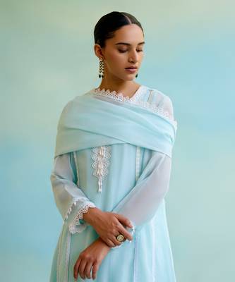 Blue Pant Muslin Embellished Lace Notched Kurta And Wide Legged Set 5