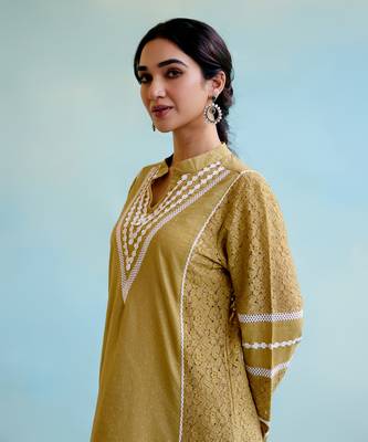 Olive Lace Cotton kurta Set 3