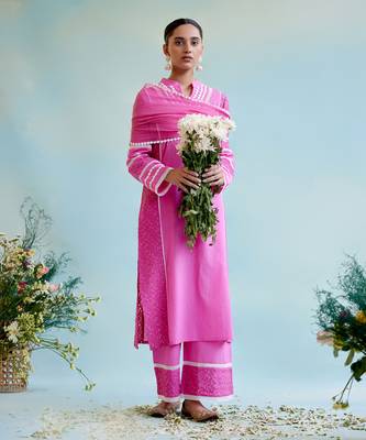 Neon pink kurta in cotton dobby and schiffli fabric with delicate lace detaling with wide leg pants 1