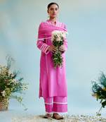 Neon pink kurta in cotton dobby and schiffli fabric with delicate lace detaling with wide leg pants