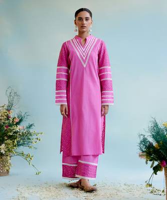 Neon pink kurta in cotton dobby and schiffli fabric with delicate lace detaling with wide leg pants 2