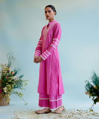Neon pink kurta in cotton dobby and schiffli fabric with delicate lace detaling with wide leg pants 3