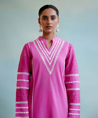 Neon pink kurta in cotton dobby and schiffli fabric with delicate lace detaling with wide leg pants 4