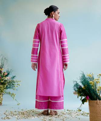 Neon pink kurta in cotton dobby and schiffli fabric with delicate lace detaling with wide leg pants 5