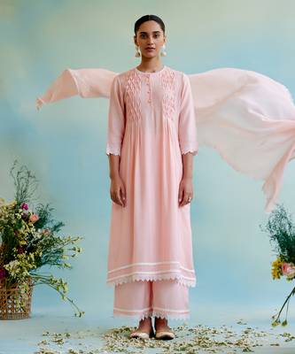 Pink Silky Modal Embroidery Thread Kurta Set 2