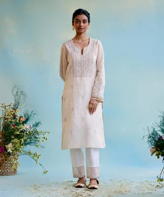 Gold zari crushed stripe tissue kurta Set 2