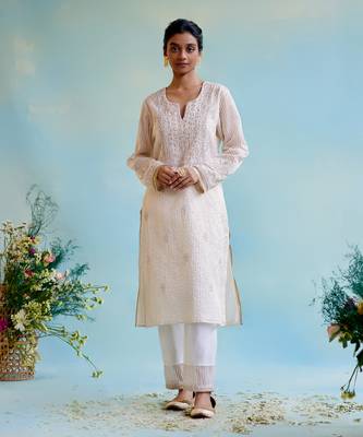 Gold zari crushed stripe tissue kurta Set 3