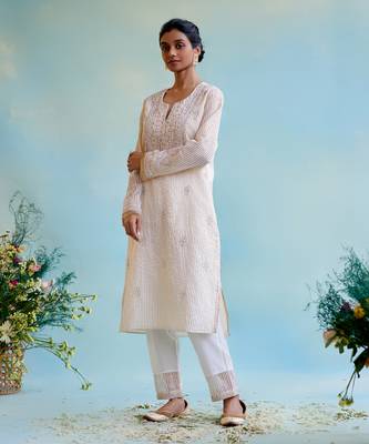Gold zari crushed stripe tissue kurta Set 4