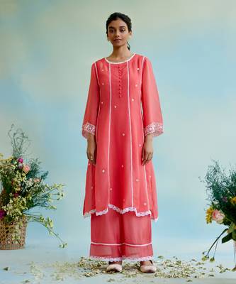 Coral rose organza anarkali kurta with lace detailing and floral embroidery 1