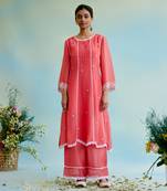 Coral rose organza anarkali kurta with lace detailing and floral embroidery
