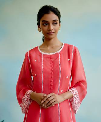 Coral rose organza anarkali kurta with lace detailing and floral embroidery 2