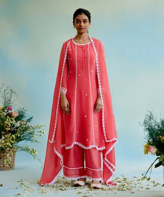 Coral rose organza anarkali kurta with lace detailing and floral embroidery 3