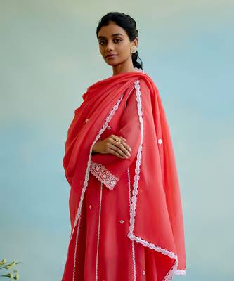Coral rose organza anarkali kurta with lace detailing and floral embroidery 5