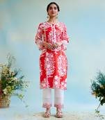 Hibiscus floral cotton linen kurta with 
lace detailing and embroidered sleeves