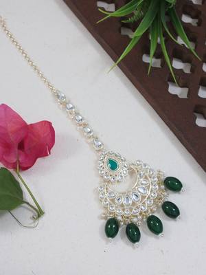 traditional kundan & pearl head piece designer jewelry hair accessory maang tikka for women  1