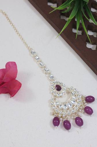 traditional kundan & pearl head piece designer jewelry hair accessory maang tikka for women 