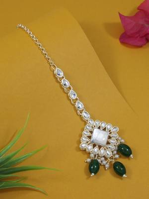 traditional kundan & pearl head piece designer jewelry hair accessory maang tikka for women  1