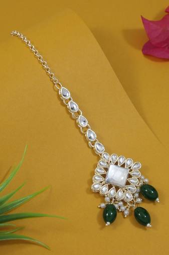 traditional kundan & pearl head piece designer jewelry hair accessory maang tikka for women 