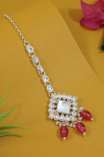 traditional kundan & pearl head piece designer jewelry hair accessory maang tikka for women 