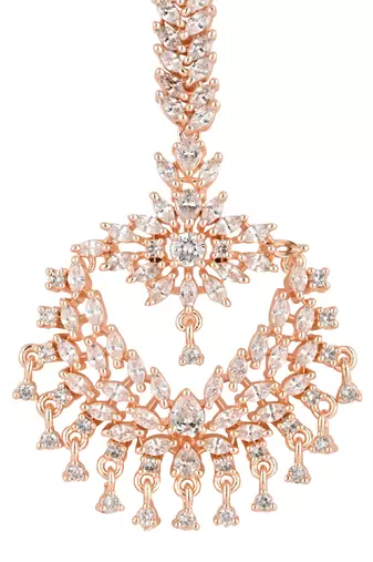 rose gold cubic zirconia american diamond teardrop design hair accessory maang tikka for women 