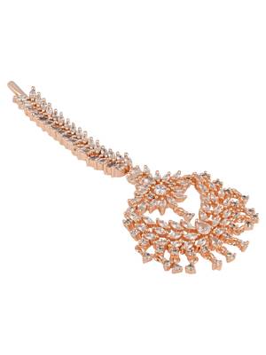 rose gold cubic zirconia american diamond teardrop design hair accessory maang tikka for women  3