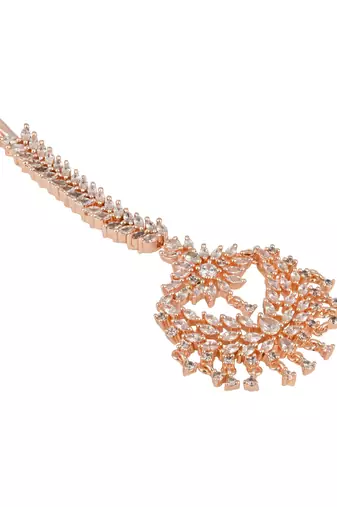 rose gold cubic zirconia american diamond teardrop design hair accessory maang tikka for women 