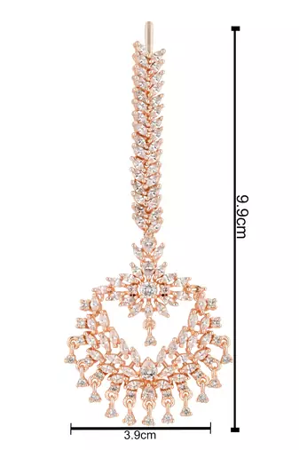 rose gold cubic zirconia american diamond teardrop design hair accessory maang tikka for women 