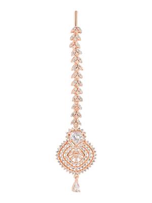 I jewels rose gold cubic zirconia american diamond teardrop design hair accessory maang tikka for women (t2171w) 1