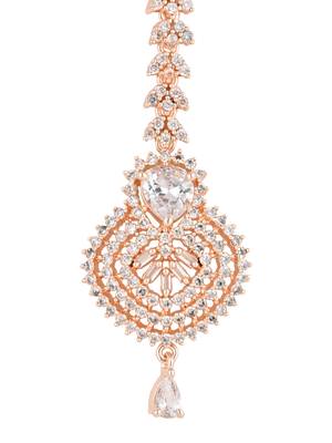 I jewels rose gold cubic zirconia american diamond teardrop design hair accessory maang tikka for women (t2171w) 2