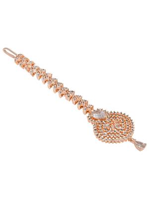 I jewels rose gold cubic zirconia american diamond teardrop design hair accessory maang tikka for women (t2171w) 3