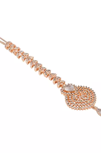 I jewels rose gold cubic zirconia american diamond teardrop design hair accessory maang tikka for women (t2171w)