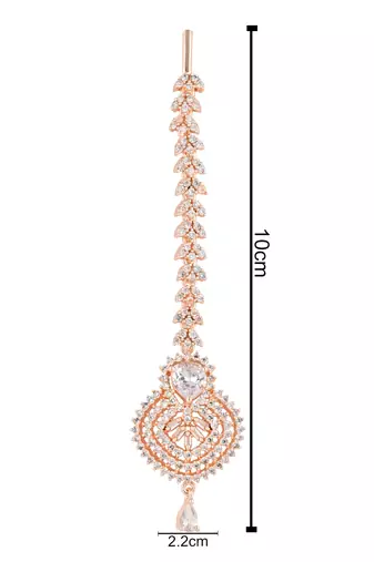 I jewels rose gold cubic zirconia american diamond teardrop design hair accessory maang tikka for women (t2171w)