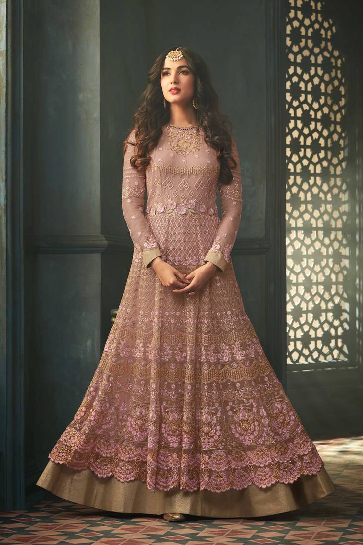 Rose Gold Embroidered Net Semi Stitched Anarkali Lehenga Up - Main Image