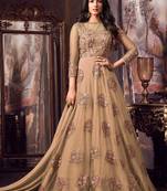Beige Embroidered Net Semi Stitched Anarkali Churidar Suit. Up To 42" Size