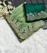 Heavy Premium Crush Silk C-Pallu Embroidery Sequences Work With Zari And Coding Work  N Cut Work Border On Saree