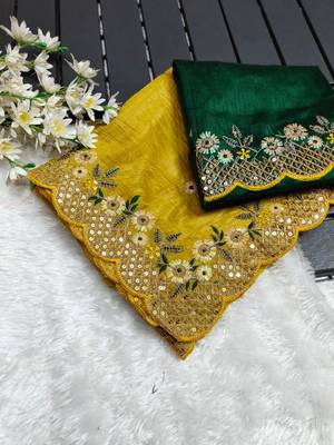 Yellow Art Silk Silver Sequin Work Crush Tissue Saree with Blouse piece 1