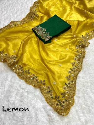 Yellow Art Silk Silver Sequin Work Crush Tissue Saree with Blouse piece 3