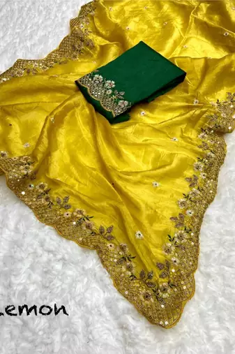 Yellow Art Silk Silver Sequin Work Crush Tissue Saree with Blouse piece