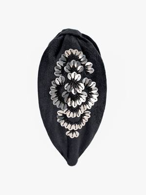 Elegant Noir Black Velvet Hairband with Hand-Embroidered Silver Sequins 1