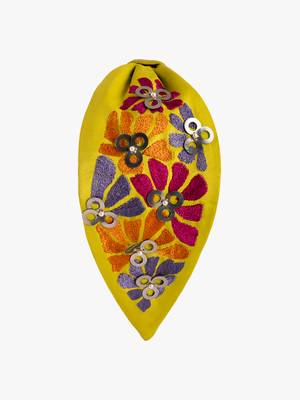 Hand-Embroidered Lime Green Satin Headband with Matisse Floral Design 1