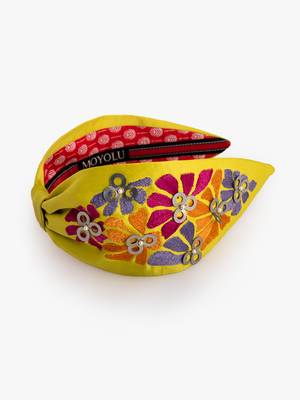 Hand-Embroidered Lime Green Satin Headband with Matisse Floral Design 2