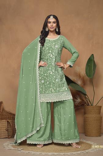 Green color chinnon sharara suits with chinnon dupatta