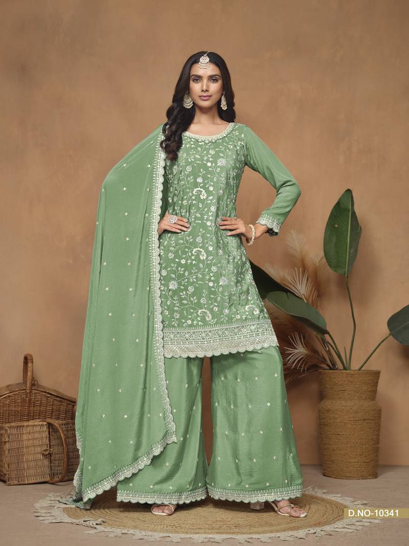 Green color chinnon sharara suits with chinnon dupatta
