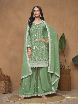 Green embroidered chinnon sharara suit with chinnon dupatta 2