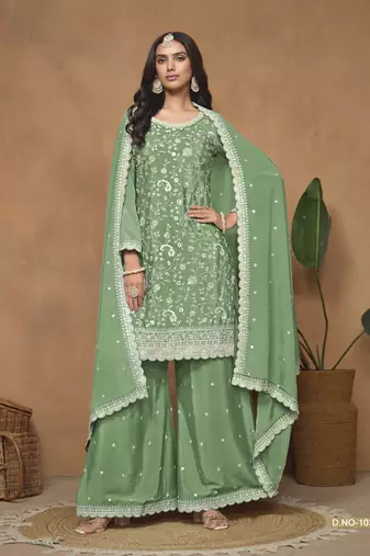 Green embroidered chinnon sharara suit with chinnon dupatta